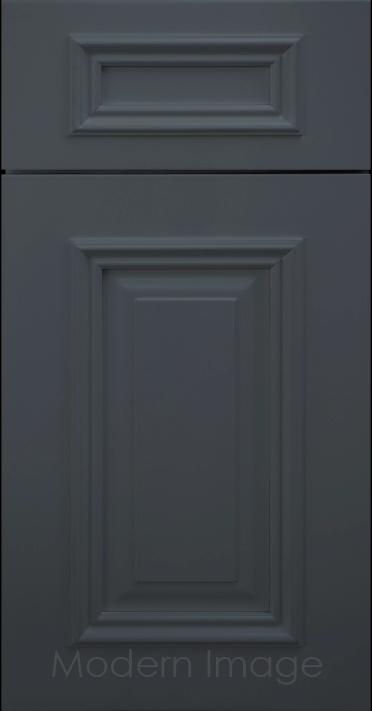 Heritage custom cabinets in a Sea matte finish with classic raised panel doors and modern flat slab drawers.